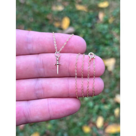 14K Gold Plated Necklace with Bronze Mini Dagger Charm - Picture 3 of 4